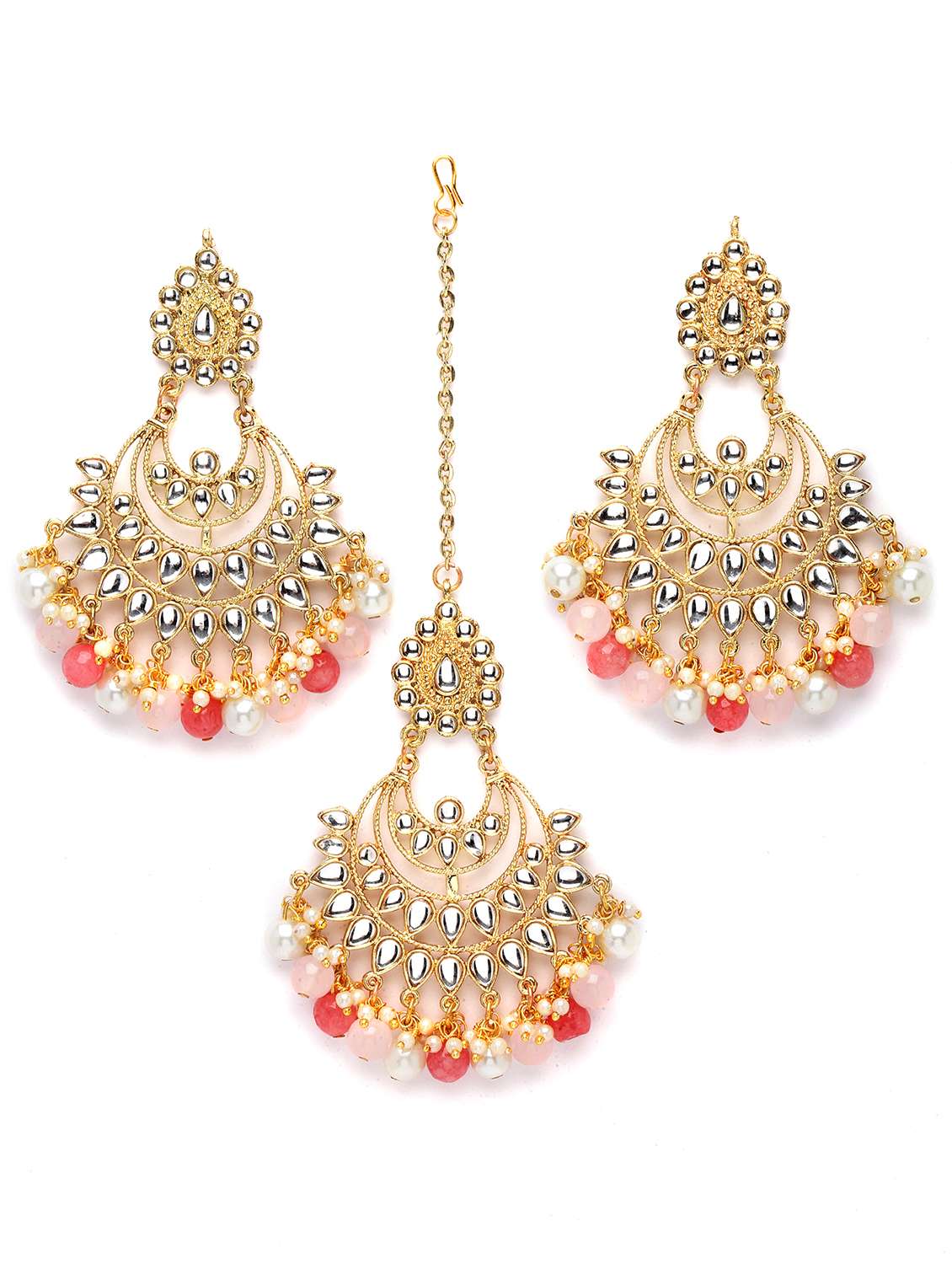 karatcart gold plated peach and pink beads kundan necklace earrings and maang tikka set - 18635881 - Standard Image - 2