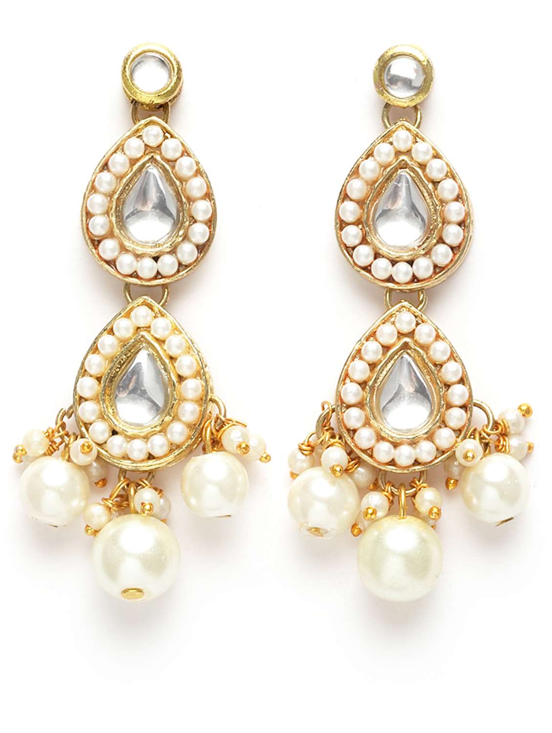 gold plated pearl and drop kundan necklace earrings and maang tikka set - 18635913 -  Standard Image - 2