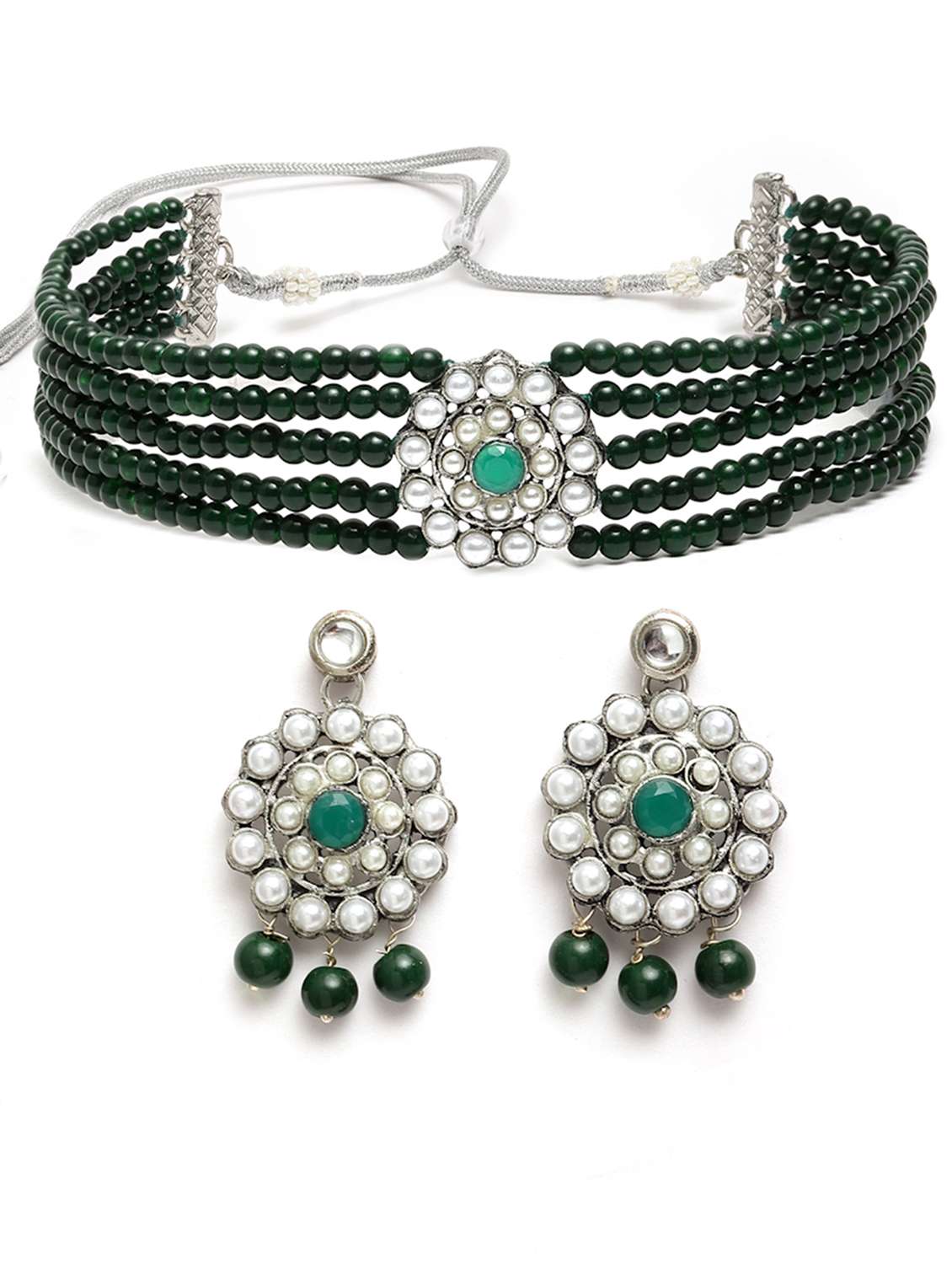 oxidised silver green beads kundan choker necklace earring and maang tikka set - 18635945 -  Standard Image - 2