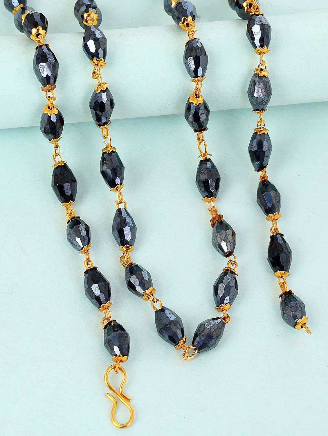 gold plated capped onyx long bead chain necklace