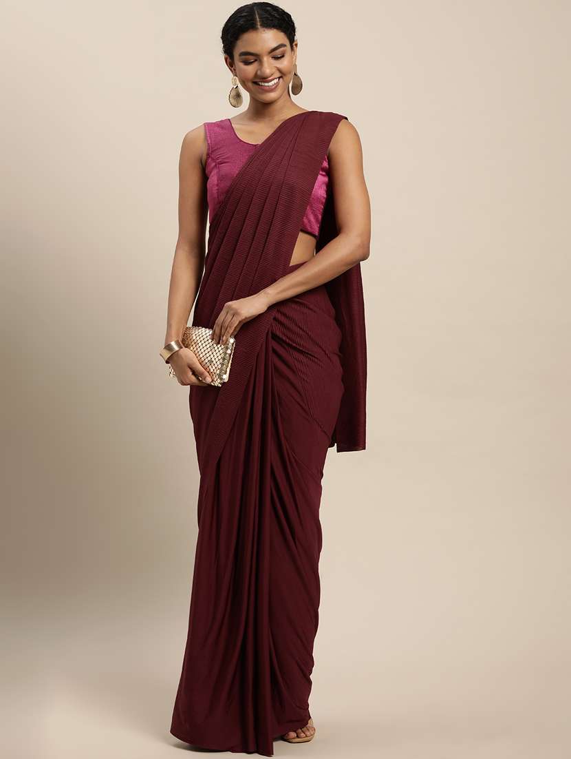 women's solid maroon colored saree with blouse