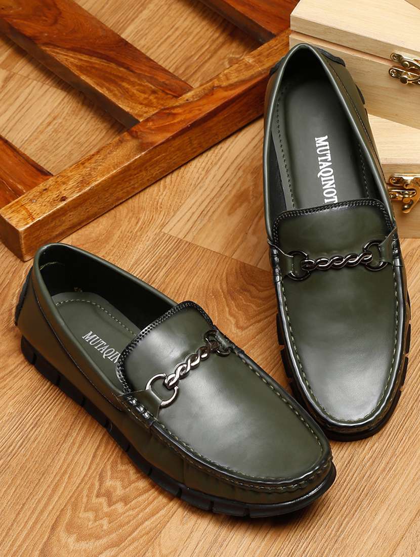 mens green slip on moccasin