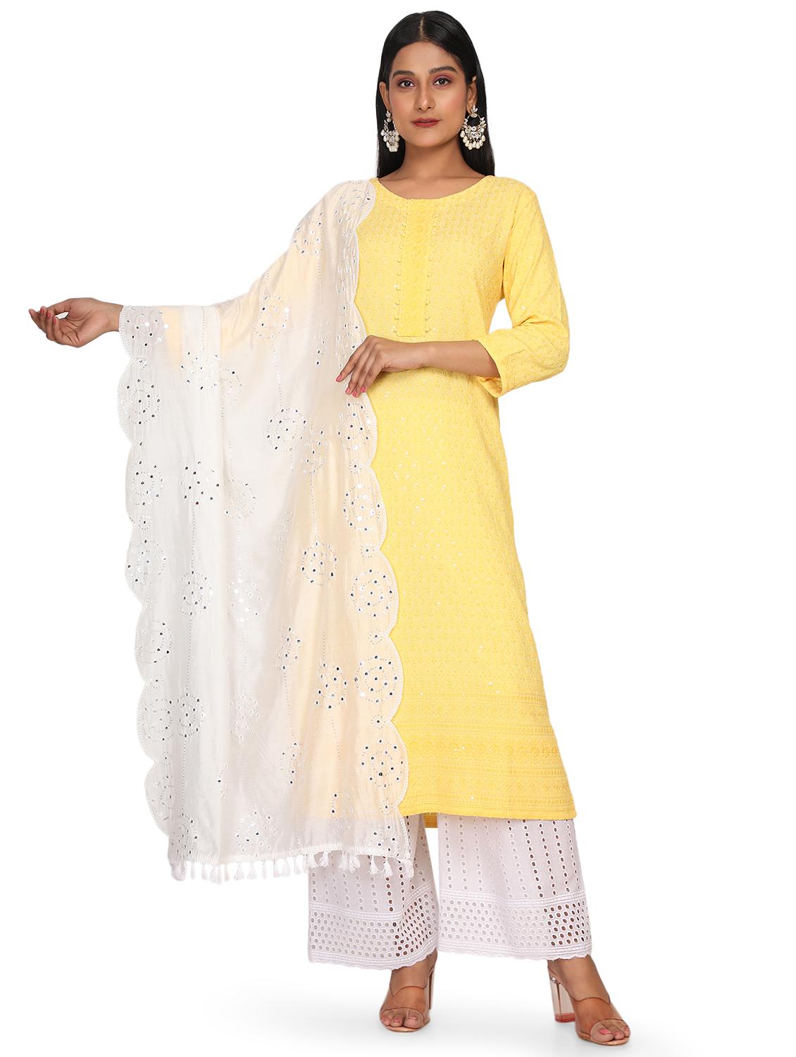 white embroidered mirror work dupatta  - 18647881 -  Zoom Image - 0