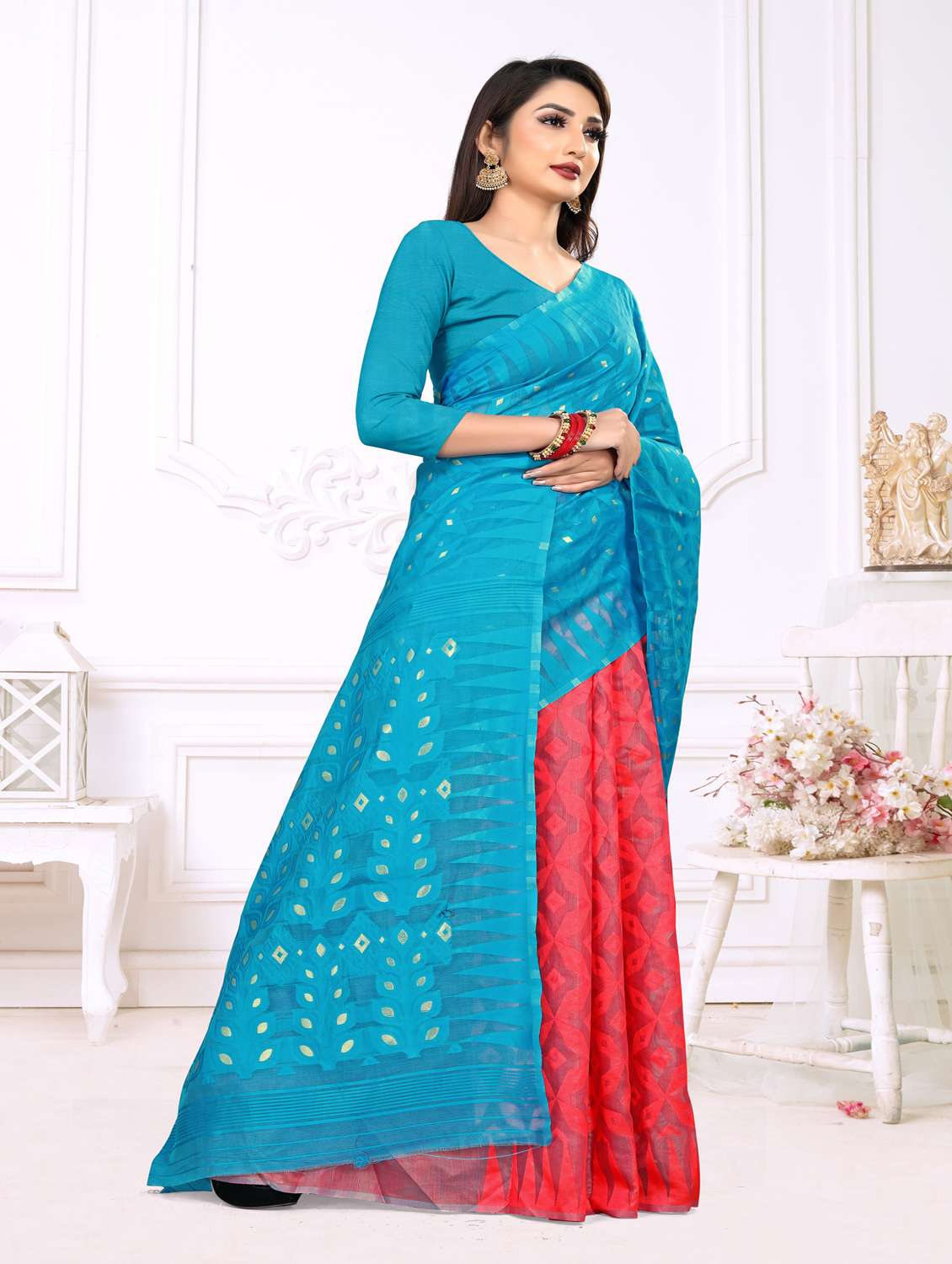 jacquard work jamdani half & half saree with blouse - 18650658 - Standard Image - 2