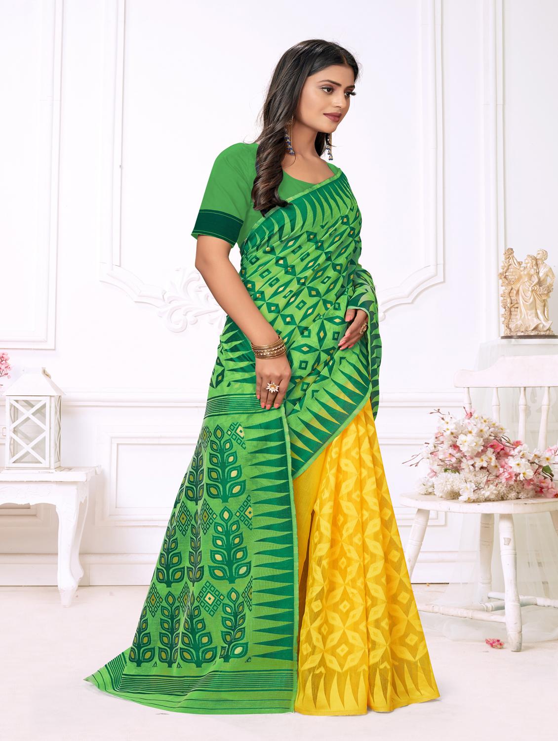 jacquard work jamdani half & half saree with blouse - 18650660 - Standard Image - 2