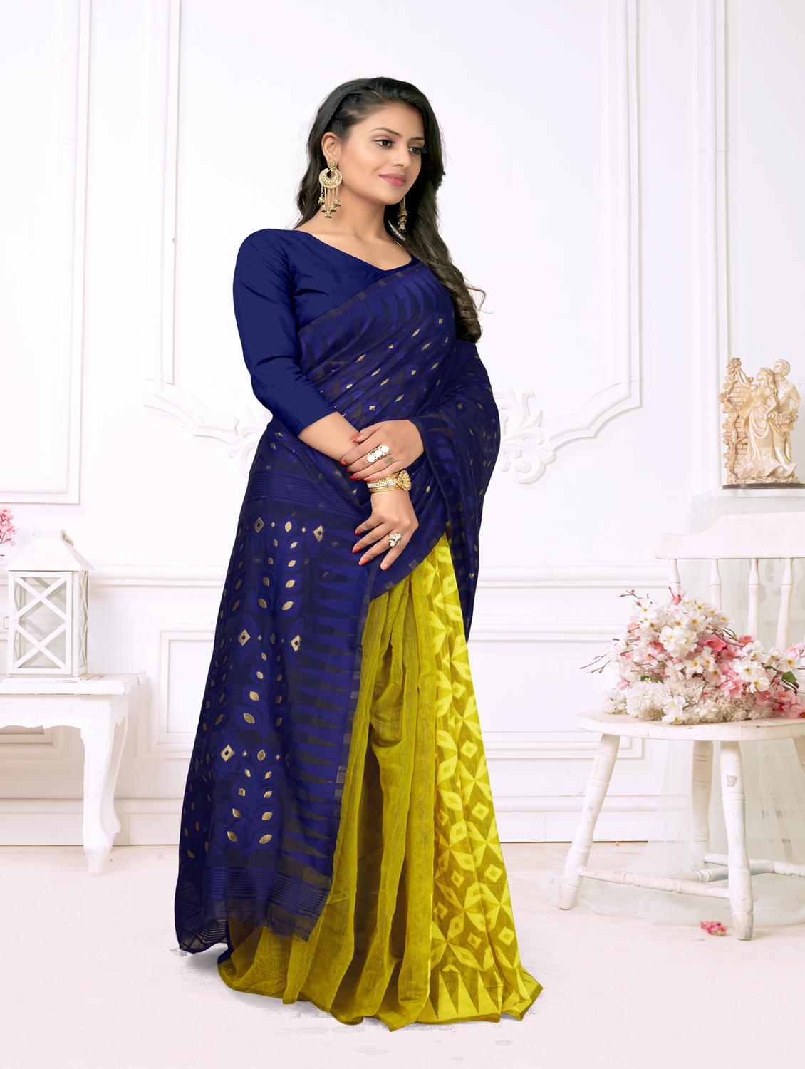 jacquard work jamdani half & half saree with blouse - 18650661 - Standard Image - 2