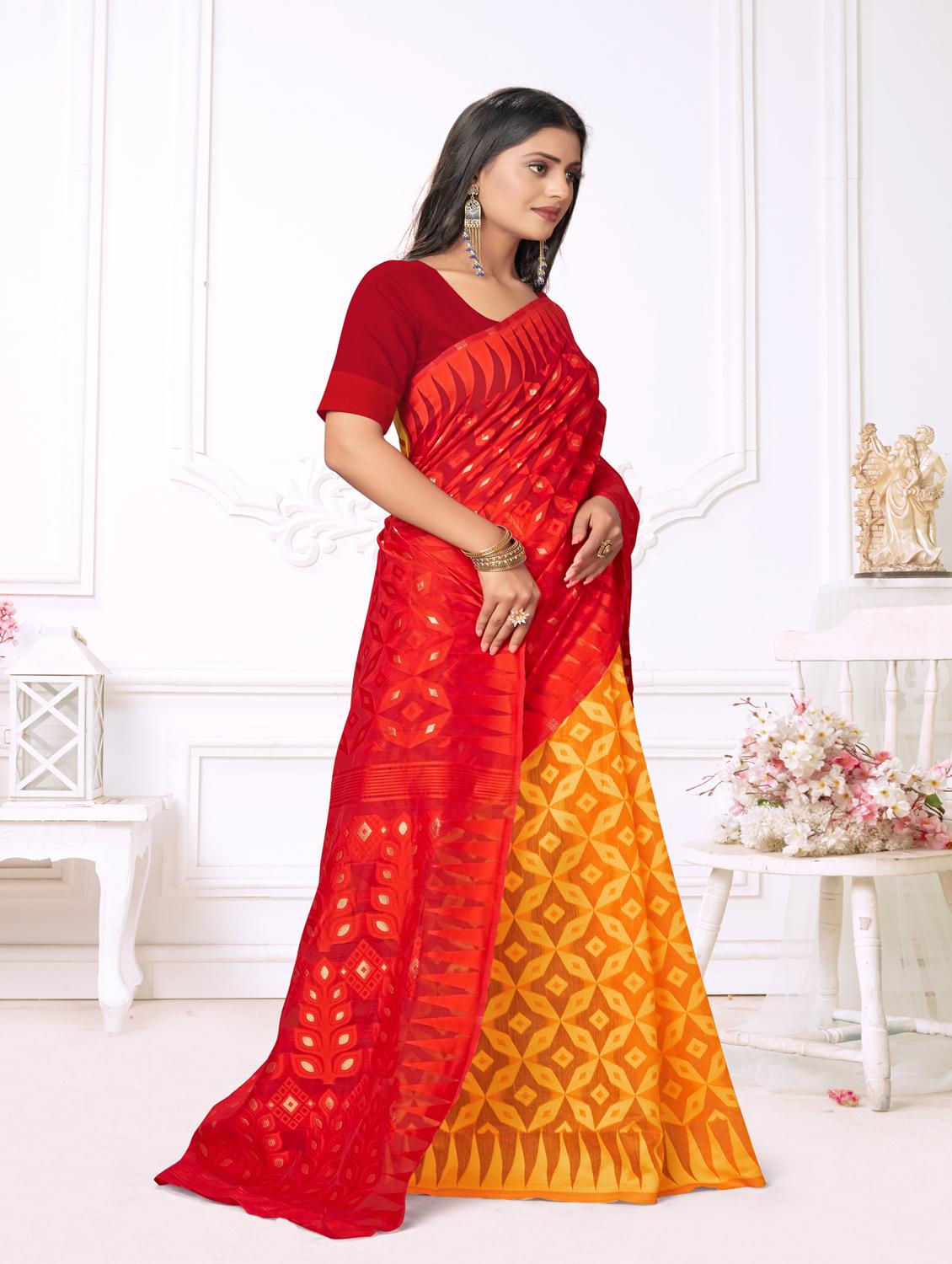 jacquard work jamdani half & half saree with blouse - 18650663 - Standard Image - 2