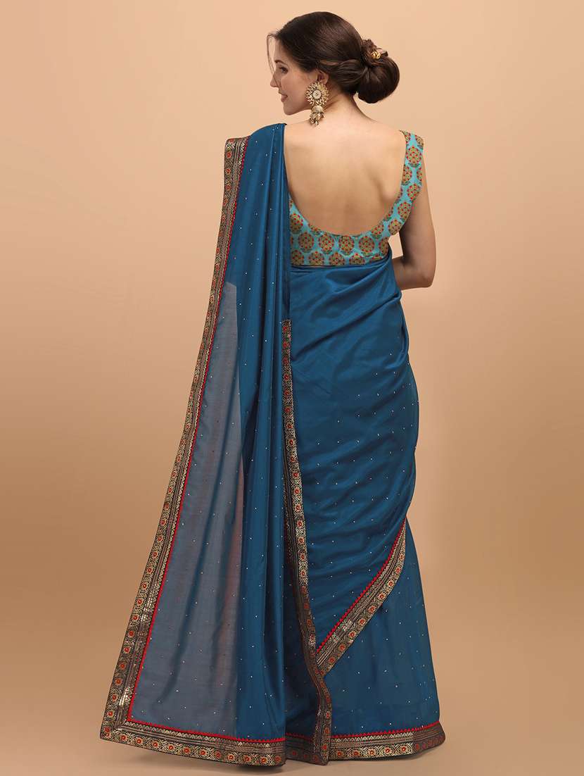 women's bordered royal blue colored saree with blouse - 18650665 -  Standard Image - 2