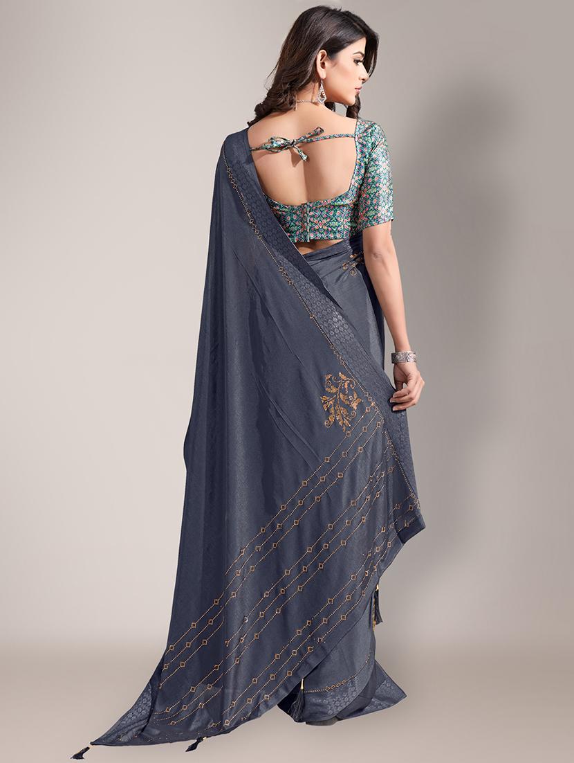 grey embroidered saree with tassels with blouse - 18651044 - Standard Image - 2