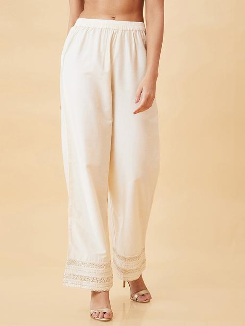 globus women off-white lace hem design elasticated waist straight palazzos - 18651218 -  Standard Image - 0