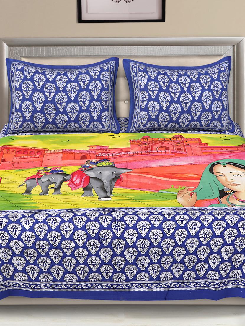 uniqchoice blue color 100% cotton jaipuri traditonal double bedsheet with 2 pillow cover - 18655624 - Standard Image - 2