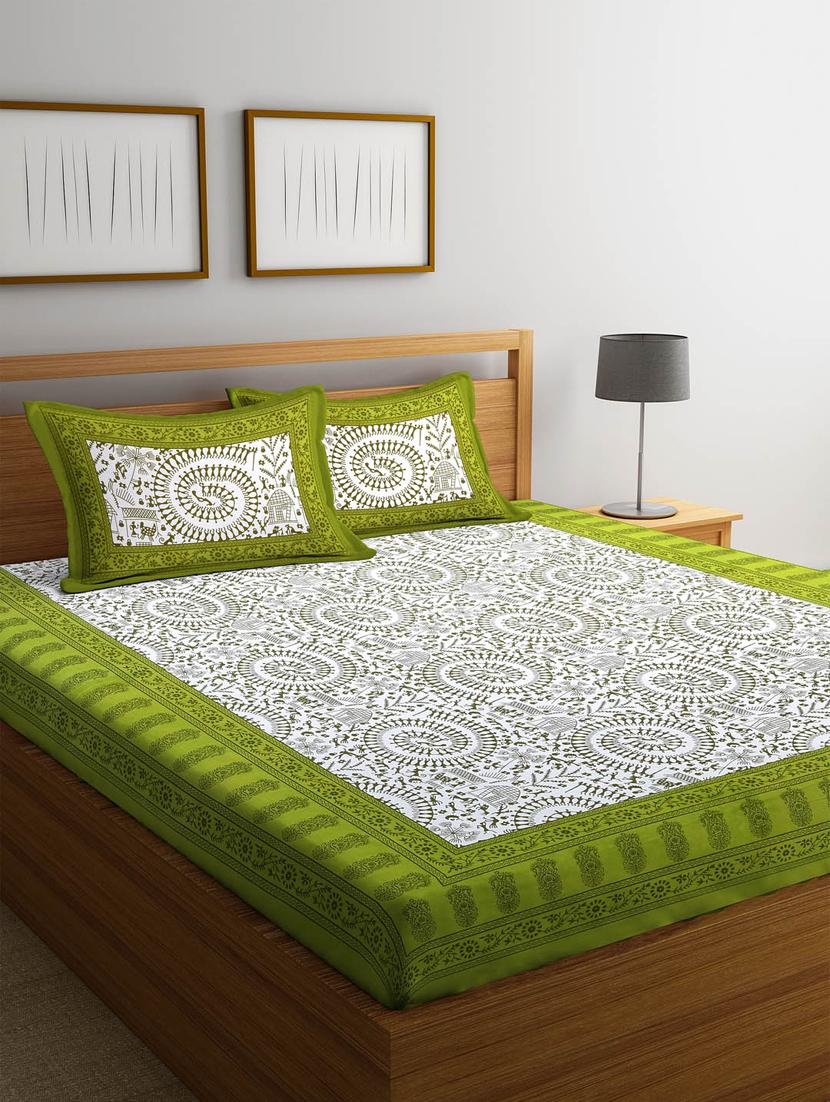 uniqchoice green color 100% cotton jaipuri traditonal double bedsheet with 2 pillow cover - 18655637 - Zoom Image - 0
