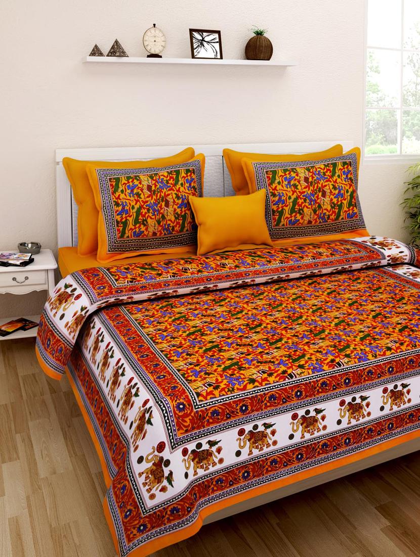 uniqchoice green color 100% cotton jaipuri traditonal double bedsheet with 2 pillow cover - 18655657 - Zoom Image - 0