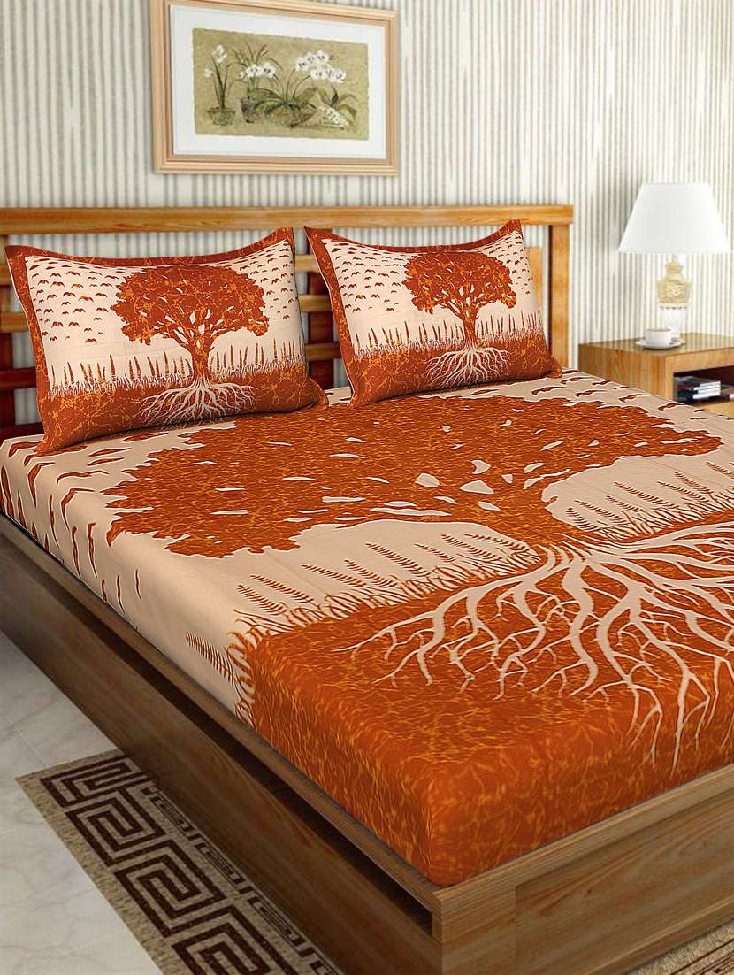 uniqchoice brown color 100% cotton jaipuri traditonal double bedsheet with 2 pillow cover - 18655658 - Zoom Image - 0