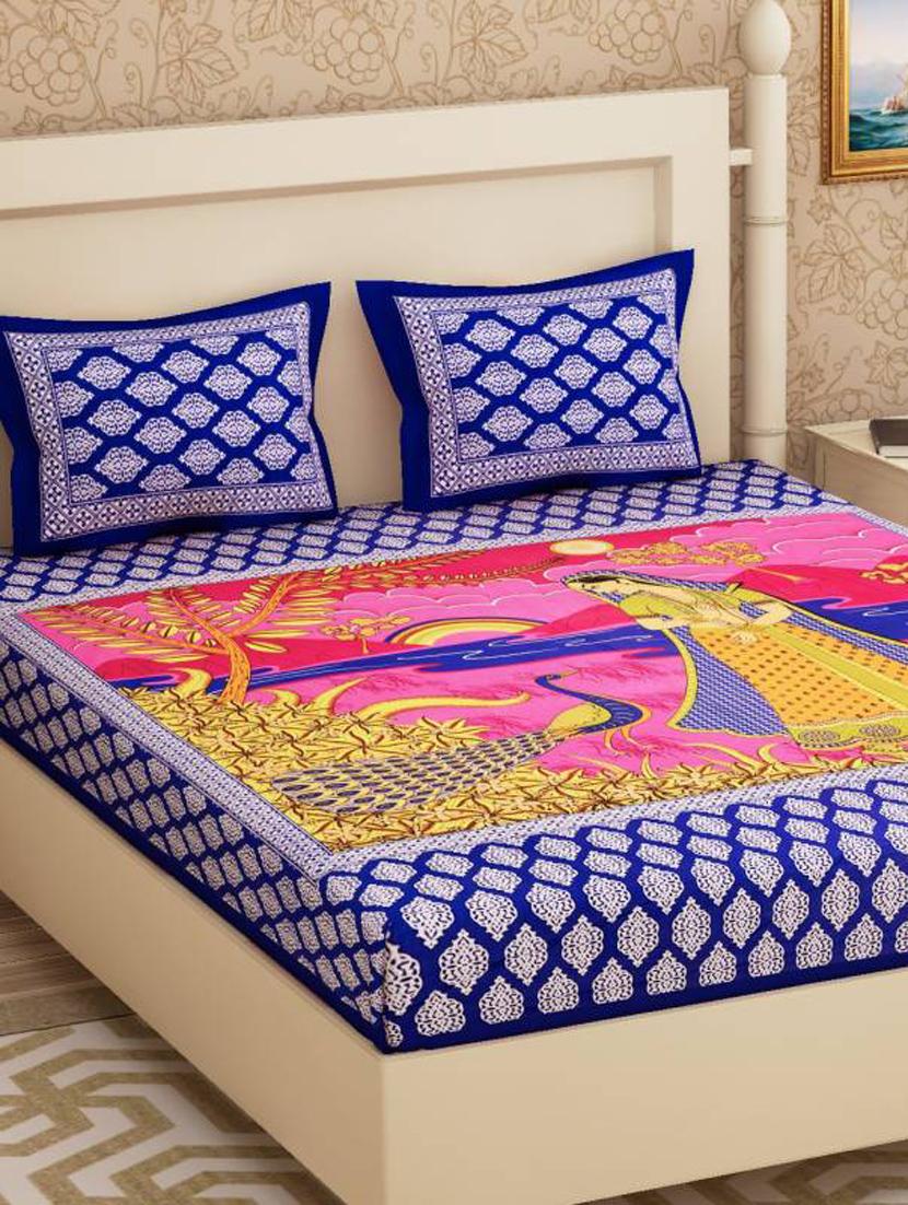 uniqchoice blue color 100% cotton jaipuri traditonal double bedsheet with 2 pillow cover - 18655672 -  Zoom Image - 0