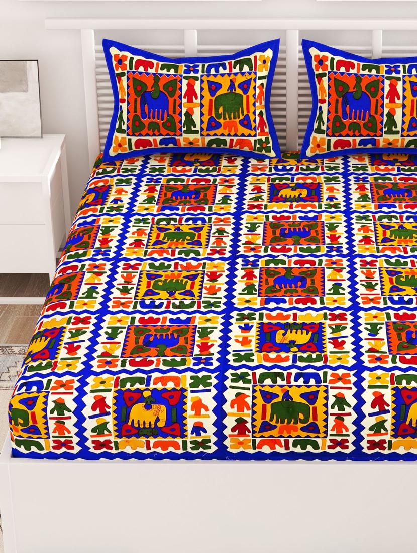 uniqchoice blue color 100% cotton jaipuri traditonal double bedsheet with 2 pillow cover - 18655673 - Standard Image - 2