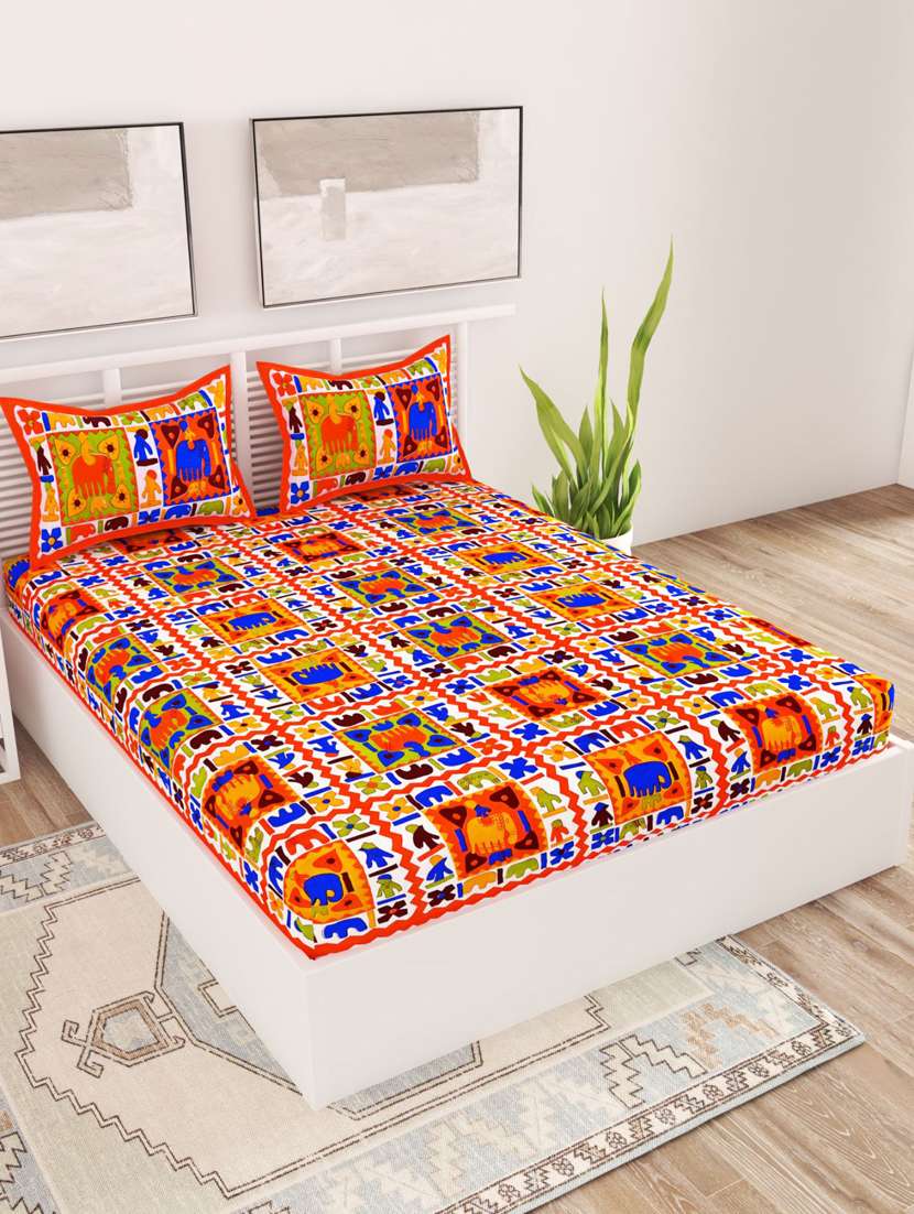 uniqchoice blue color 100% cotton jaipuri traditonal double bedsheet with 2 pillow cover