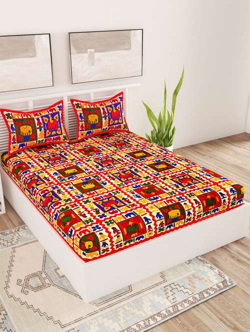 uniqchoice blue color 100% cotton jaipuri traditonal double bedsheet with 2 pillow cover - 18655678 -  Standard Image - 0