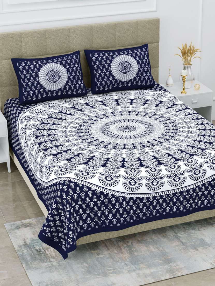 uniqchoice blue color 100% cotton jaipuri traditonal double bedsheet with 2 pillow cover
