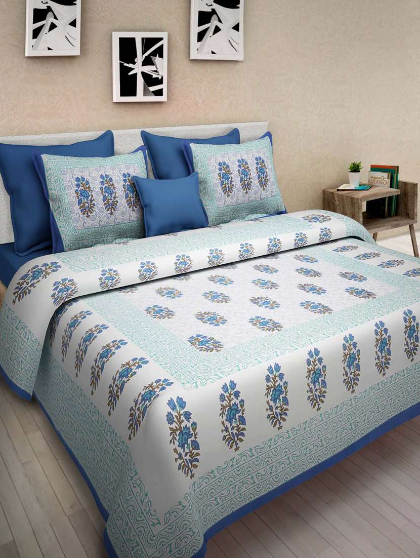 uniqchoice blue color 100% cotton jaipuri traditonal double bedsheet with 2 pillow cover