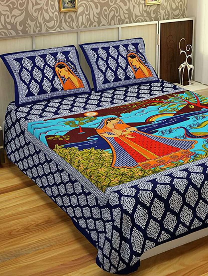 uniqchoice blue color 100% cotton jaipuri traditonal double bedsheet with 2 pillow cover