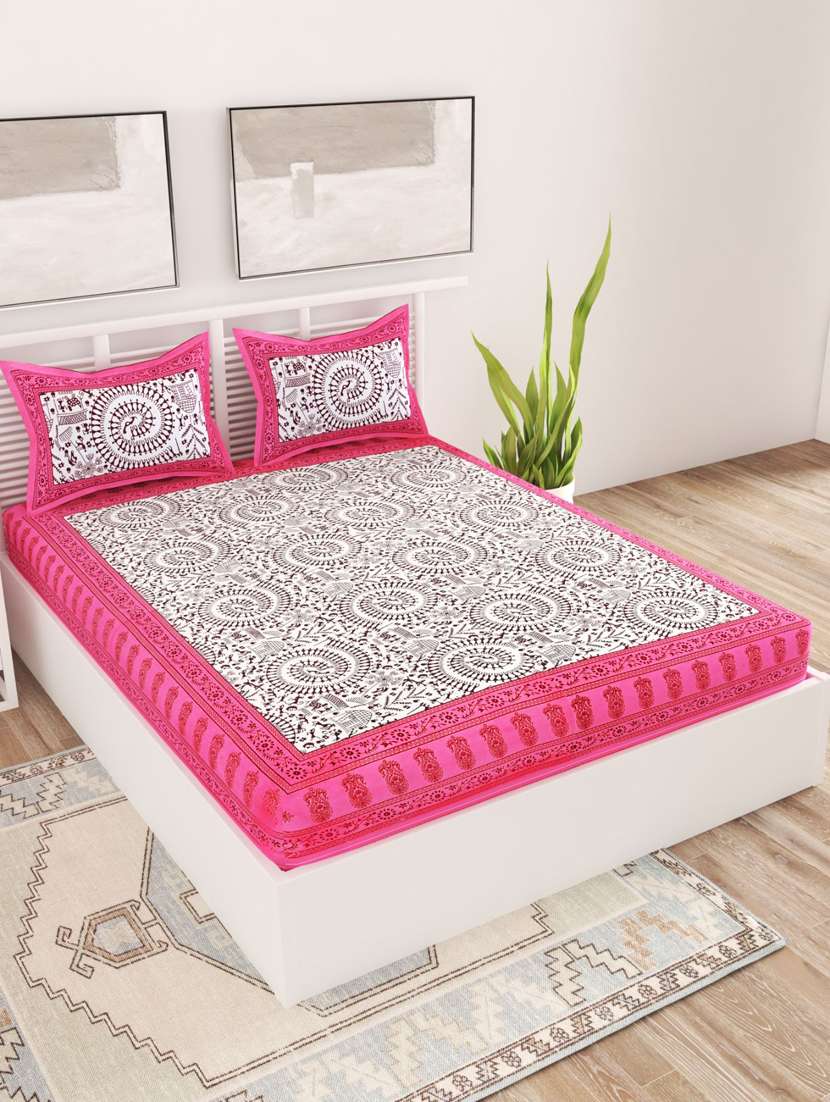 uniqchoice green color 100% cotton jaipuri traditonal double bedsheet with 2 pillow cover