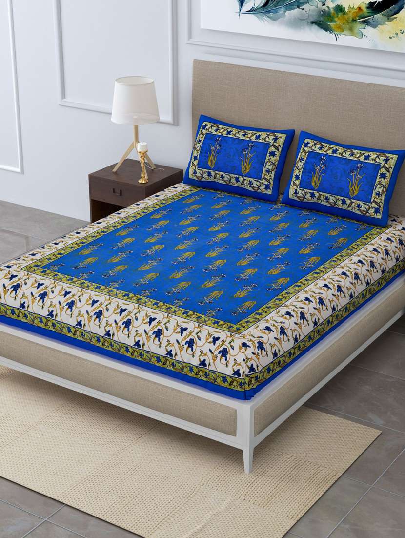 uniqchoice blue color 100% cotton jaipuri traditonal double bedsheet with 2 pillow cover