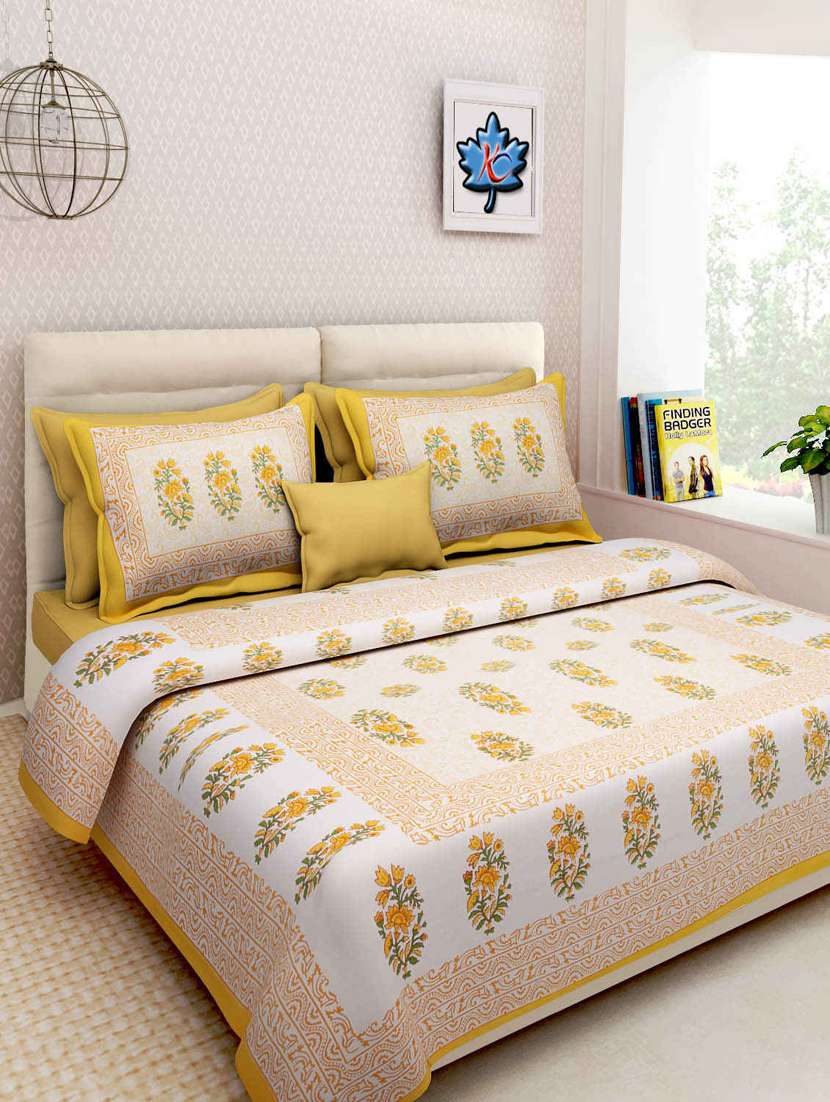 uniqchoice blue color 100% cotton jaipuri traditonal double bedsheet with 2 pillow cover