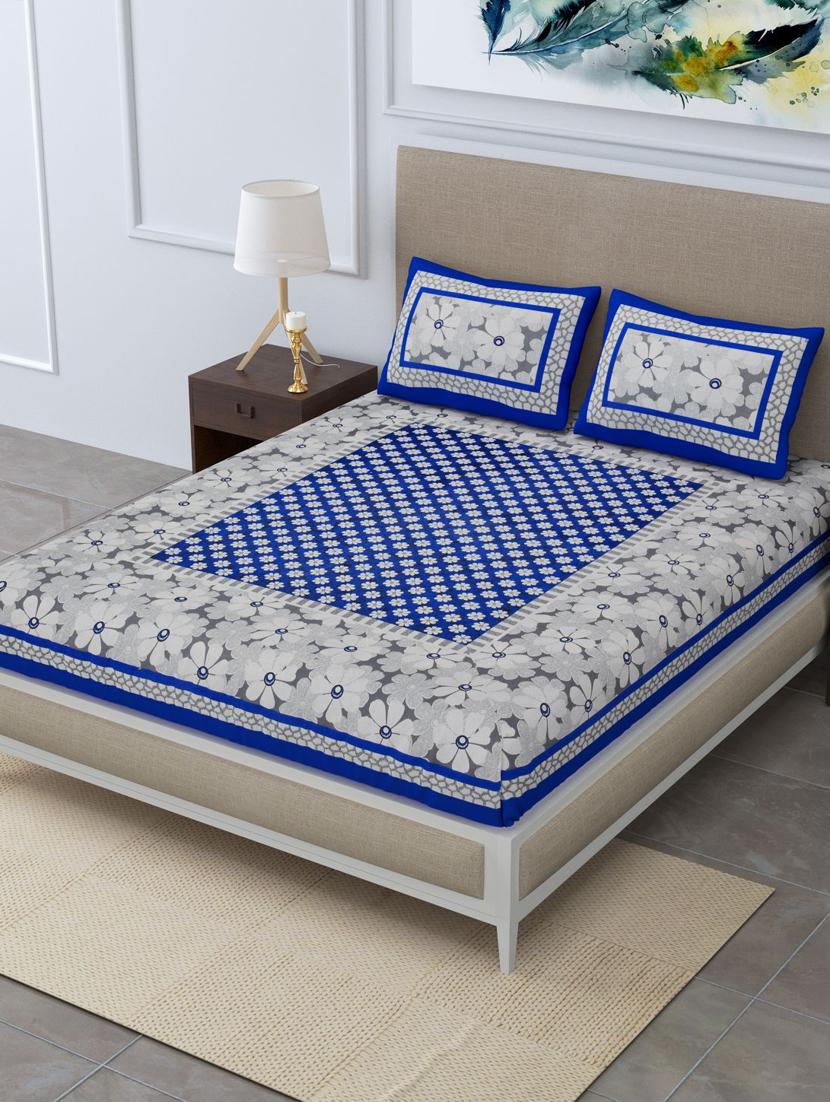 uniqchoice blue color 100% cotton jaipuri traditonal double bedsheet with 2 pillow cover - 18655770 - Zoom Image - 0