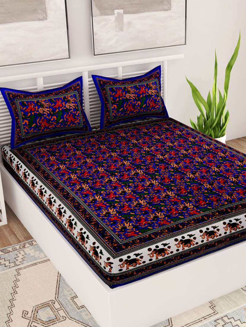 uniqchoice green color 100% cotton jaipuri traditonal double bedsheet with 2 pillow cover