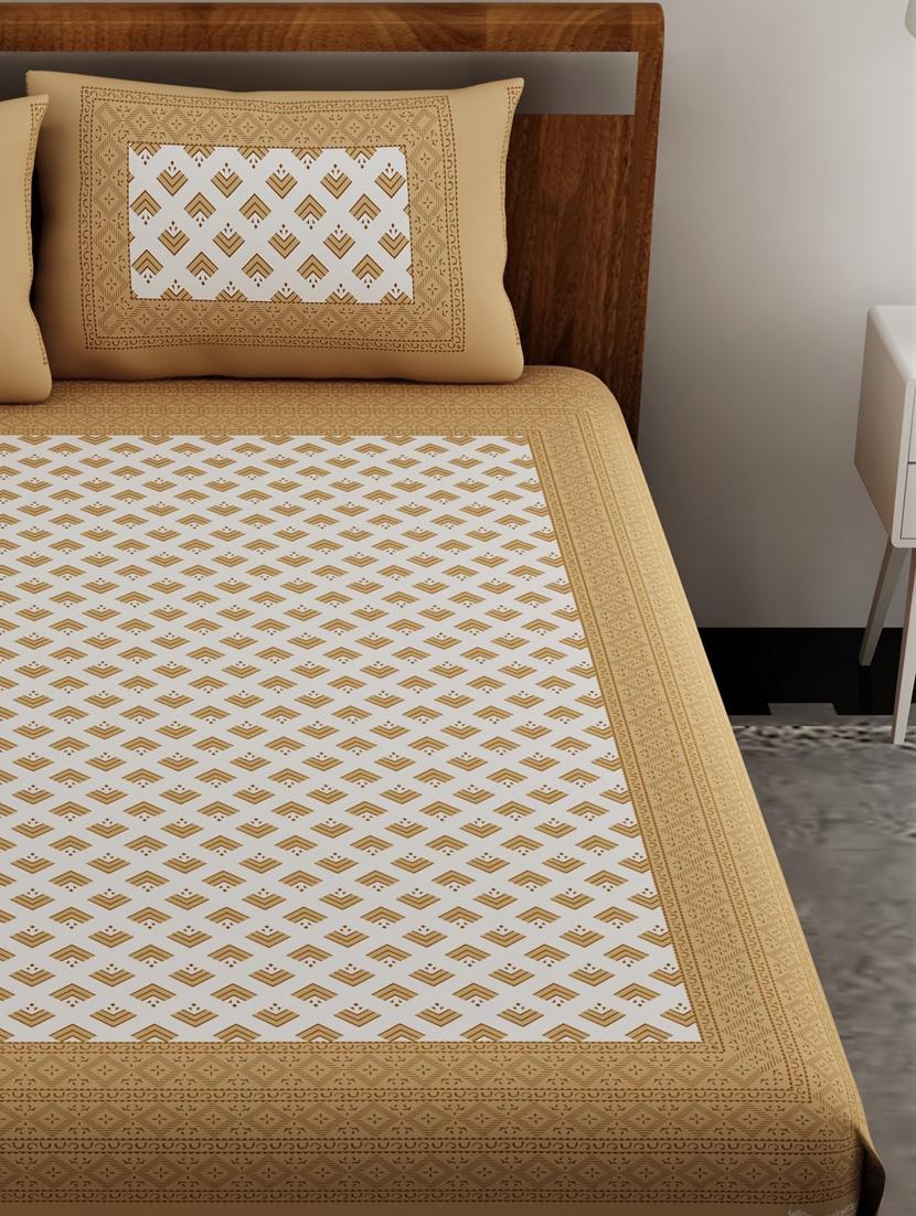 uniqchoice beige color 100% cotton jaipuri traditonal double bedsheet with 2 pillow cover - 18655898 - Standard Image - 2