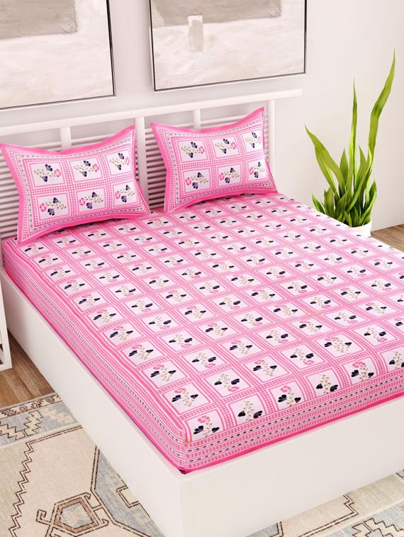 uniqchoice blue color 100% cotton jaipuri traditonal double bedsheet with 2 pillow cover - 18655936 -  Zoom Image - 0