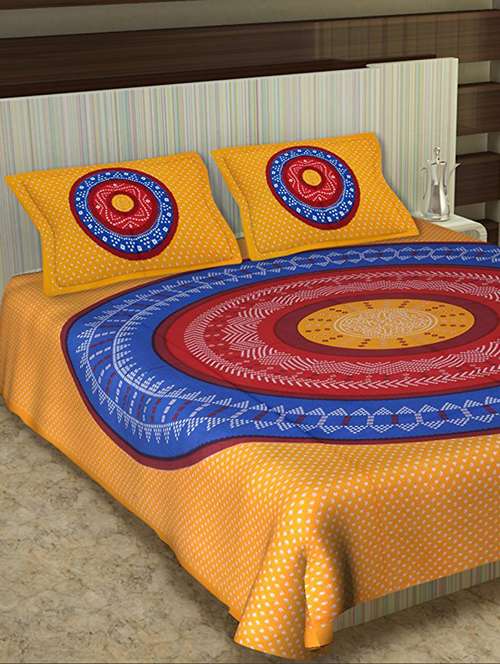 uniqchoice light blue color 100% cotton jaipuri traditonal double bedsheet with 2 pillow cover - 18655938 -  Standard Image - 0