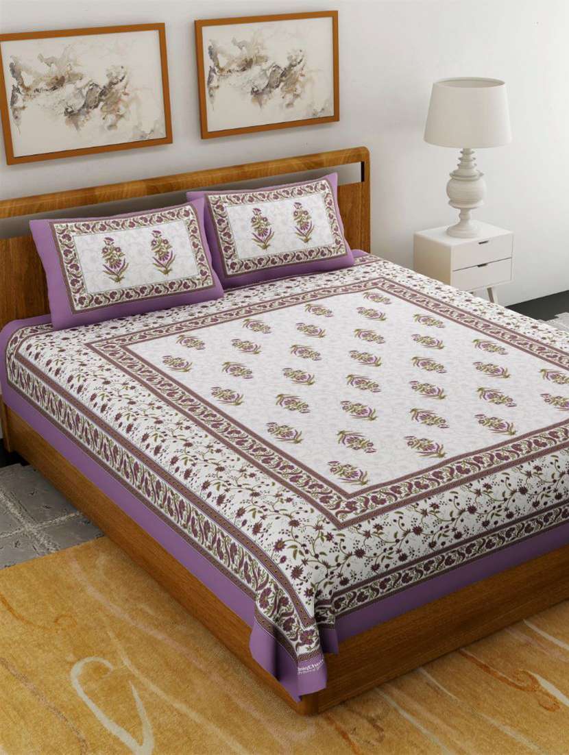 uniqchoice blue  color 100% cotton jaipuri traditonal double bedsheet with 2 pillow cover