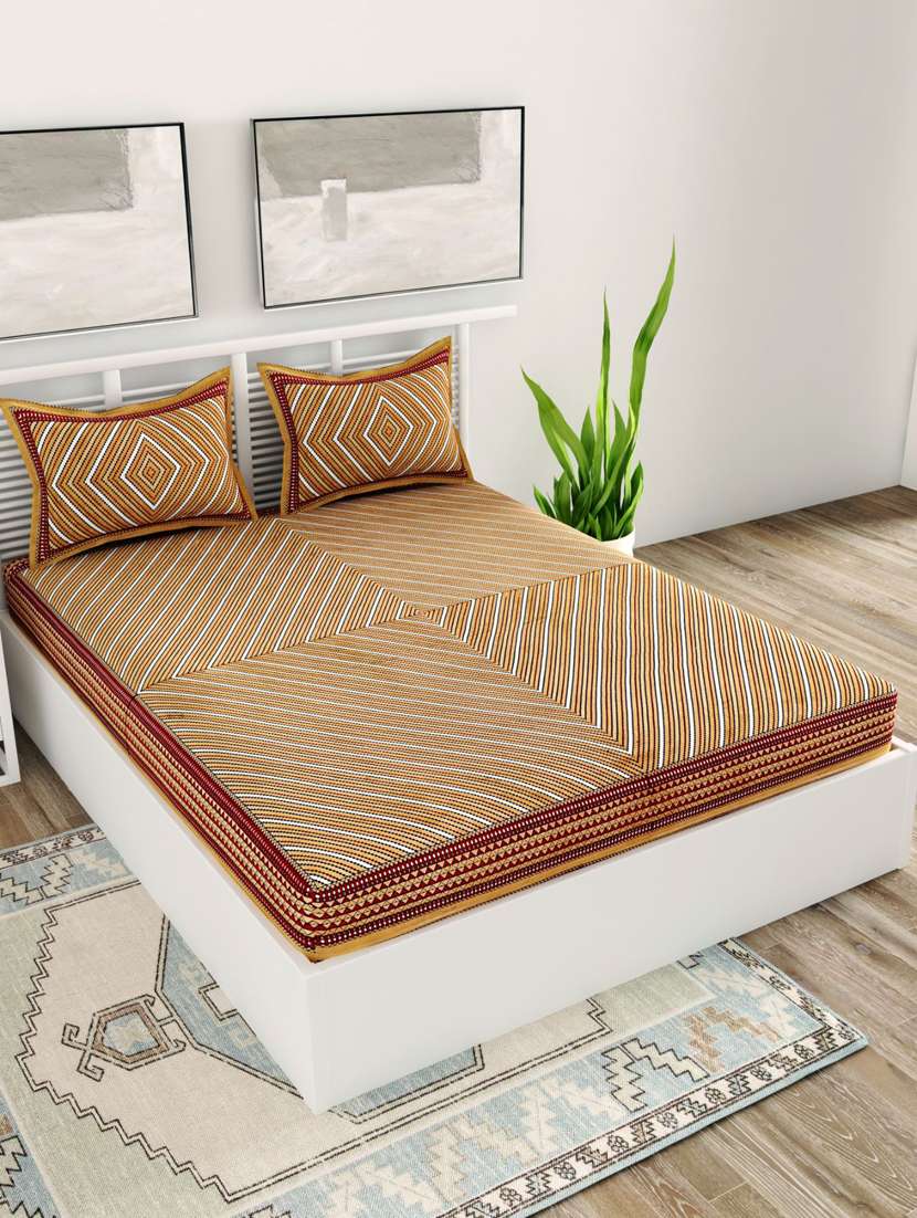 uniqchoice yellow color 100% cotton jaipuri traditonal double bedsheet with 2 pillow cover