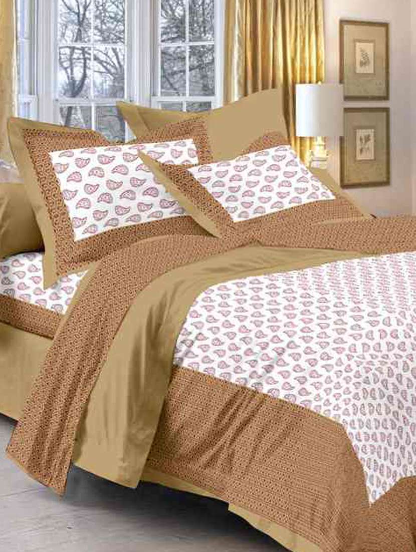 uniqchoice yellow color 100% cotton jaipuri traditonal double bedsheet with 2 pillow cover