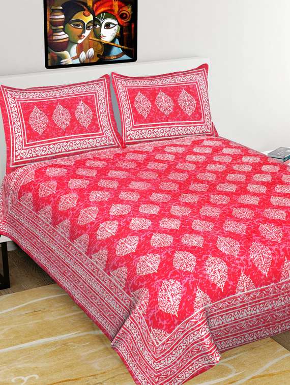 uniqchoice pink color 100% cotton jaipuri traditonal double bedsheet with 2 pillow cover