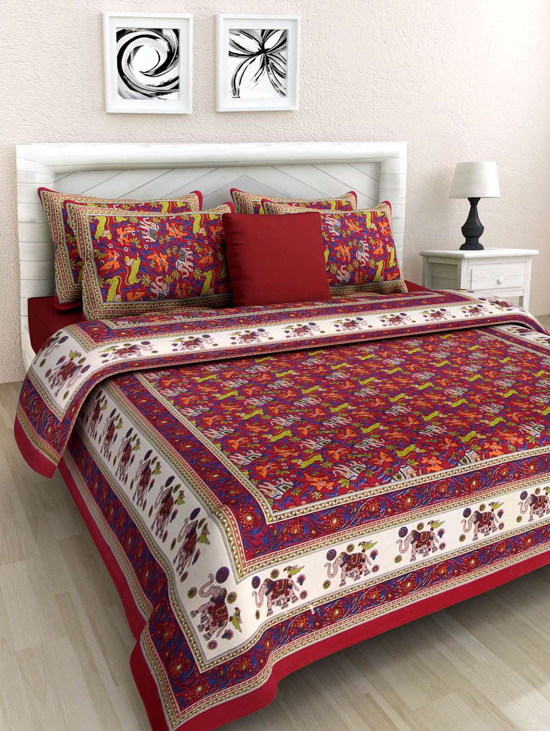 uniqchoice green color 100% cotton jaipuri traditonal double bedsheet with 2 pillow cover