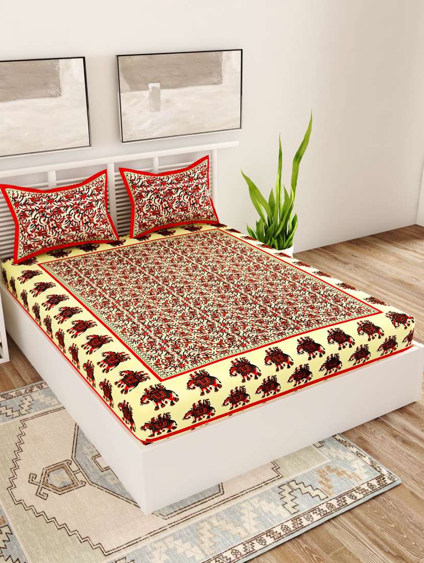 uniqchoice blue color 100% cotton jaipuri traditonal double bedsheet with 2 pillow cover - 18655997 - Zoom Image - 0