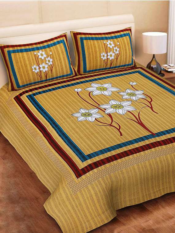 uniqchoice blue color 100% cotton jaipuri traditonal double bedsheet with 2 pillow cover