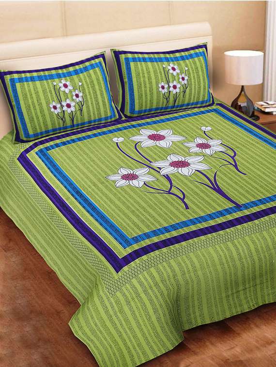 uniqchoice blue color 100% cotton jaipuri traditonal double bedsheet with 2 pillow cover