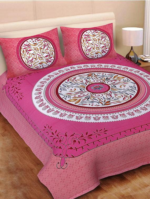 uniqchoice blue color 100% cotton jaipuri traditonal double bedsheet with 2 pillow cover - 18656012 -  Zoom Image - 0