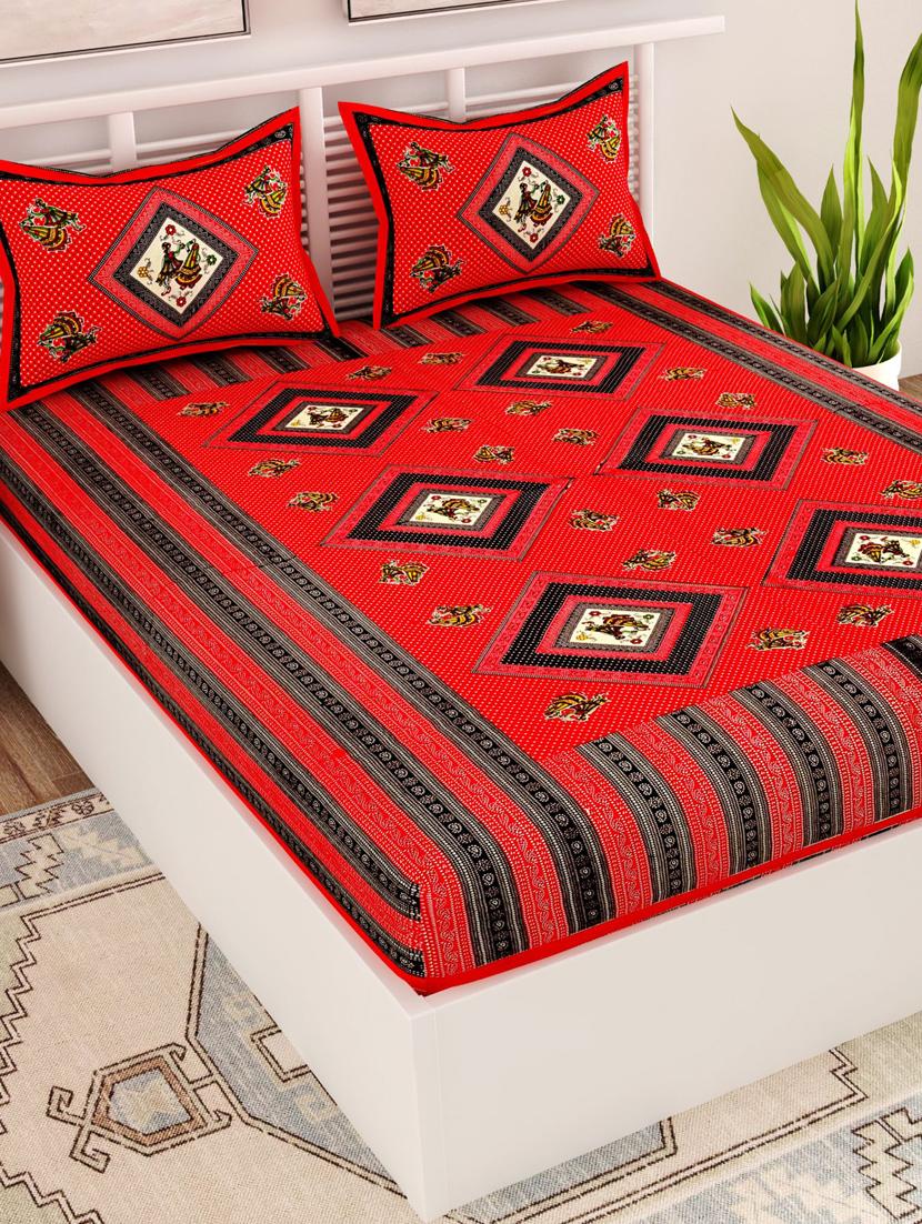 uniqchoice maroon color 100% cotton jaipuri traditonal double bedsheet with 2 pillow cover - 18656016 - Standard Image - 2