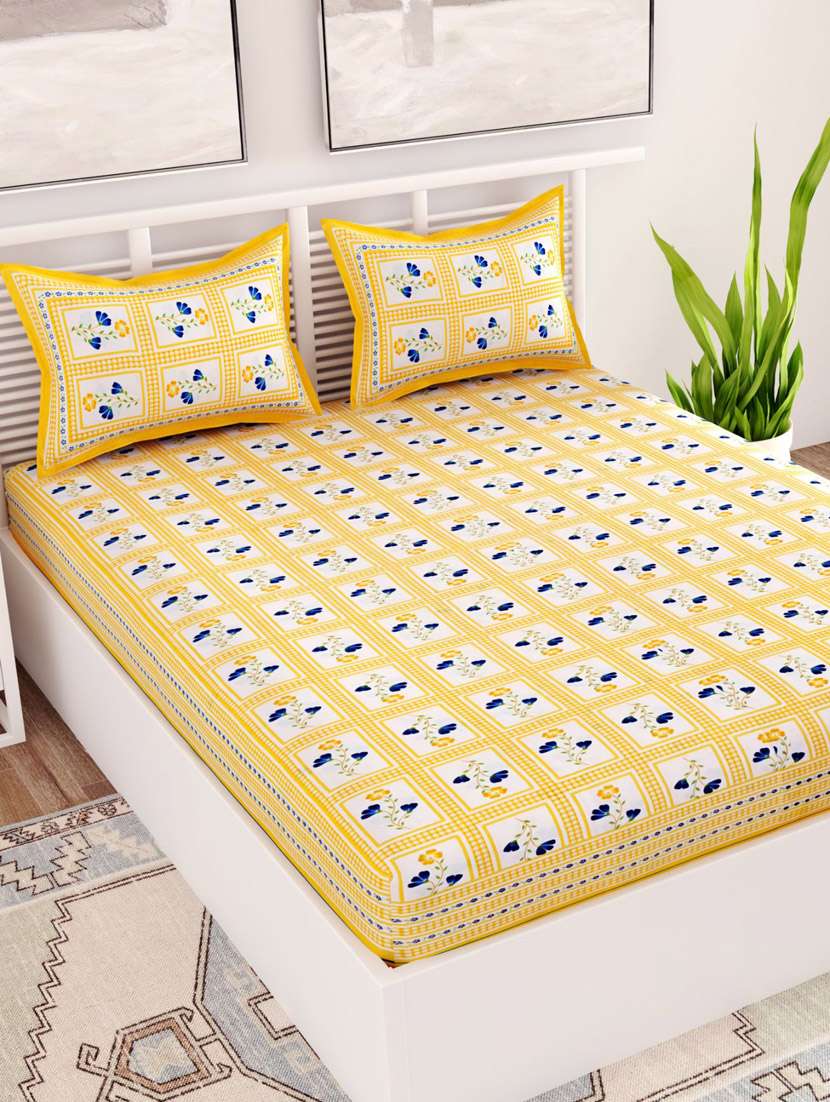 uniqchoice blue color 100% cotton jaipuri traditonal double bedsheet with 2 pillow cover