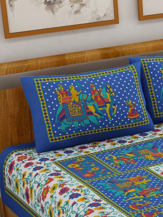 uniqchoice yellow color 100% cotton jaipuri traditonal double bedsheet with 2 pillow cover - 18656043 - Standard Image - 2