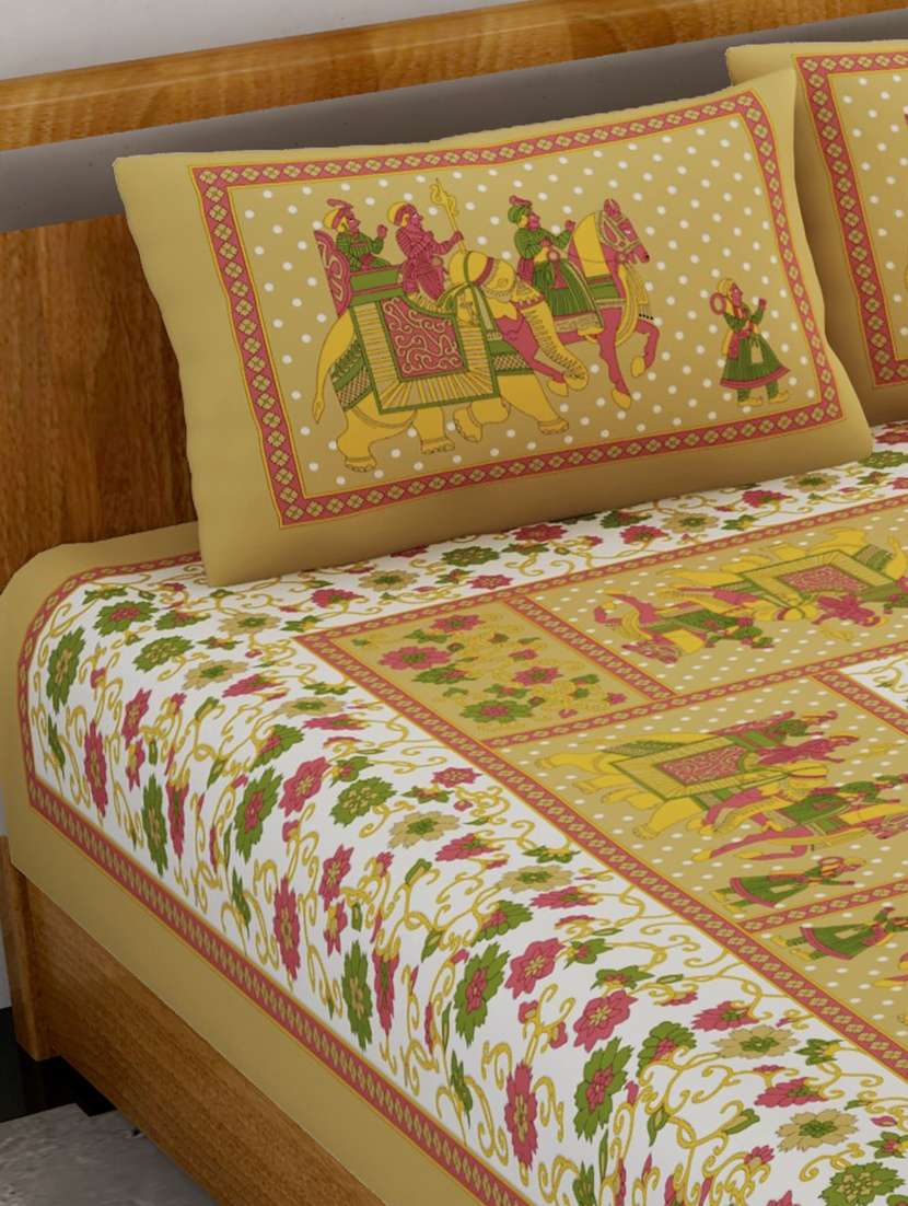 uniqchoice yellow color 100% cotton jaipuri traditonal double bedsheet with 2 pillow cover - 18656045 -  Standard Image - 2