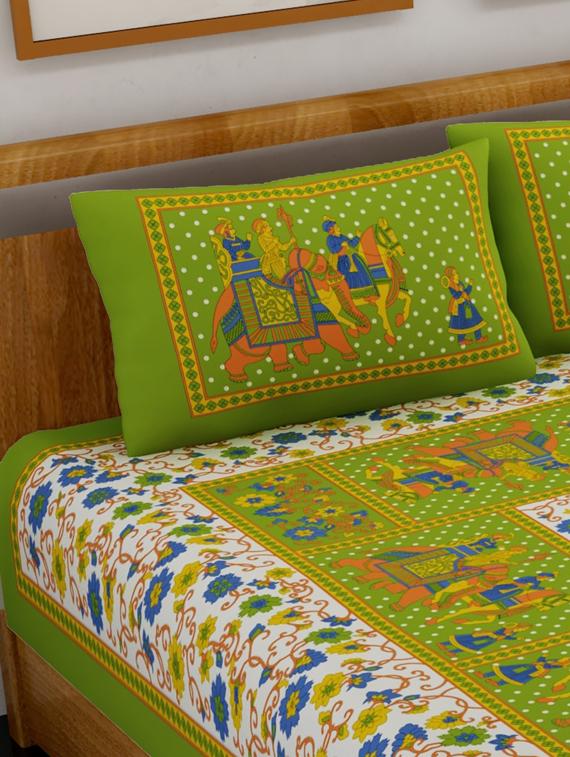 uniqchoice yellow color 100% cotton jaipuri traditonal double bedsheet with 2 pillow cover - 18656047 - Standard Image - 2