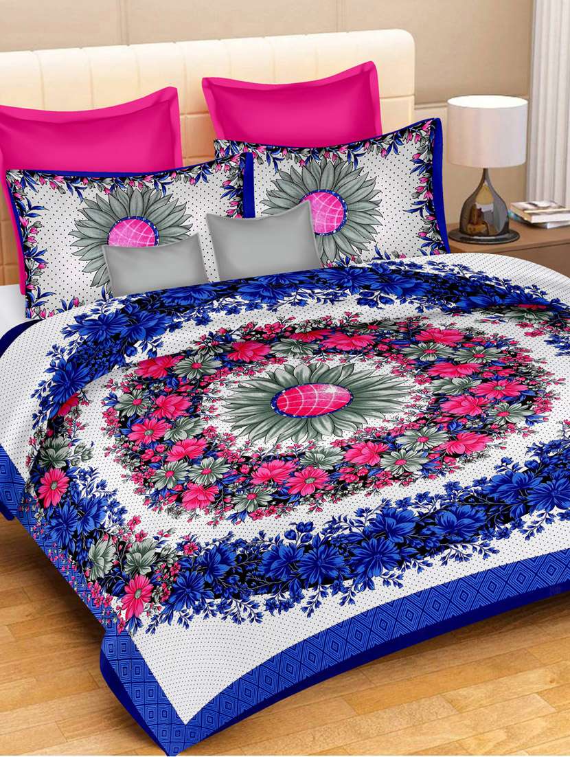 uniqchoice blue color 100% cotton jaipuri traditonal double bedsheet with 2 pillow cover