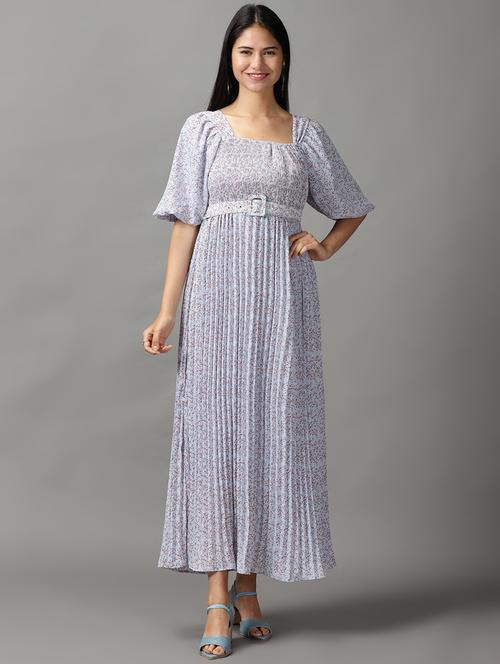 blue printed fit & flare dress - 18658916 -  Standard Image - 0