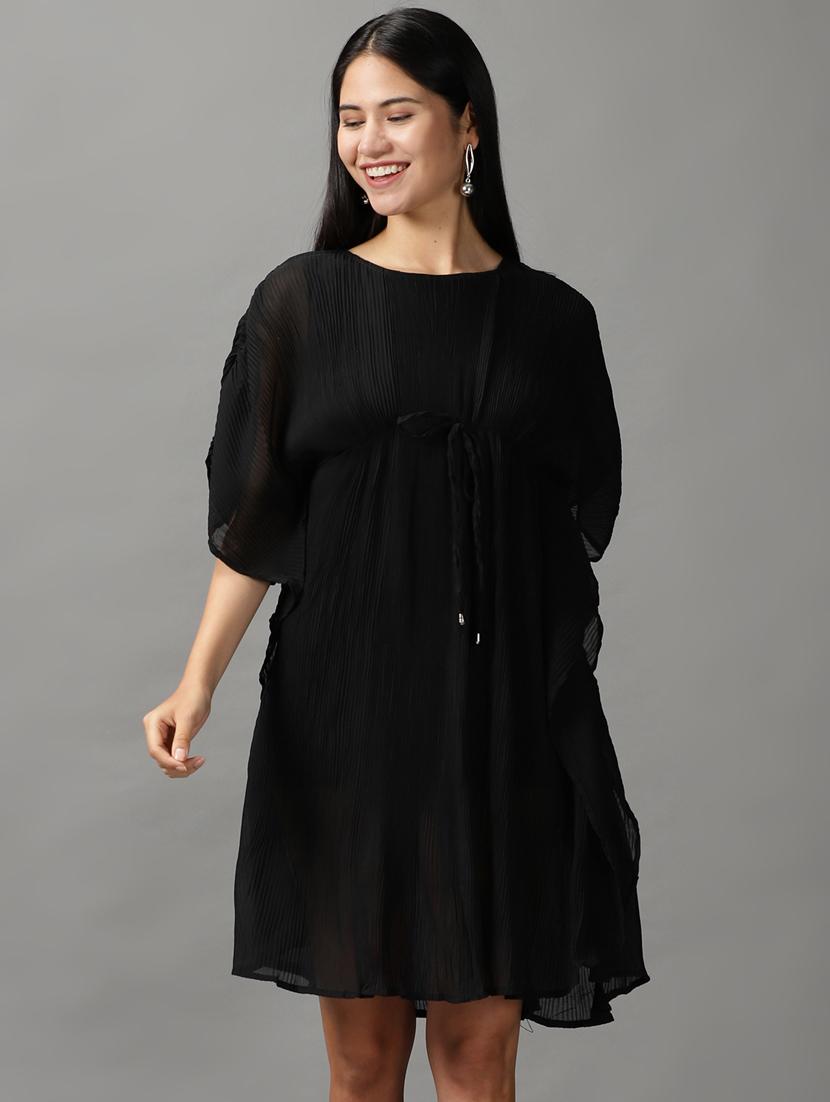 black solid fit & flare dress - 18659138 -  Zoom Image - 0